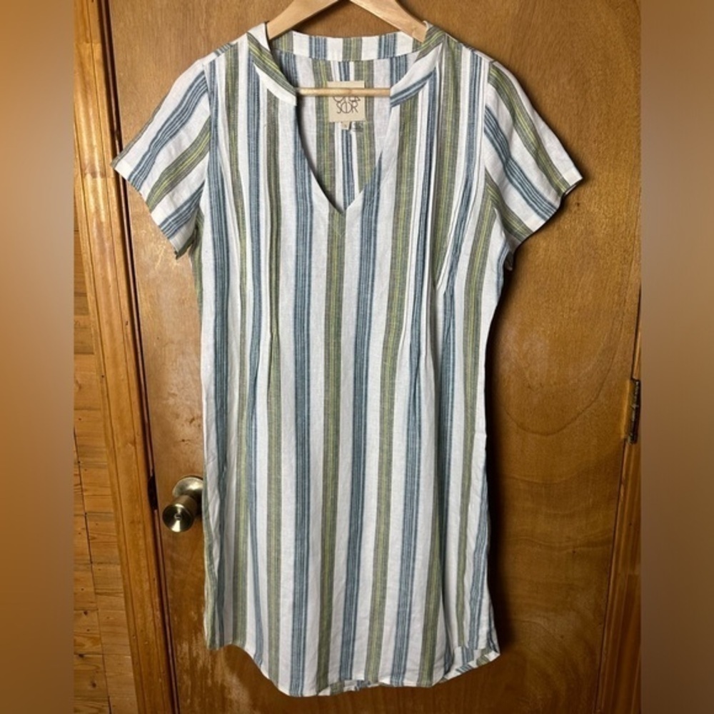 Chaser V Neck Striped Dress White Blue Small